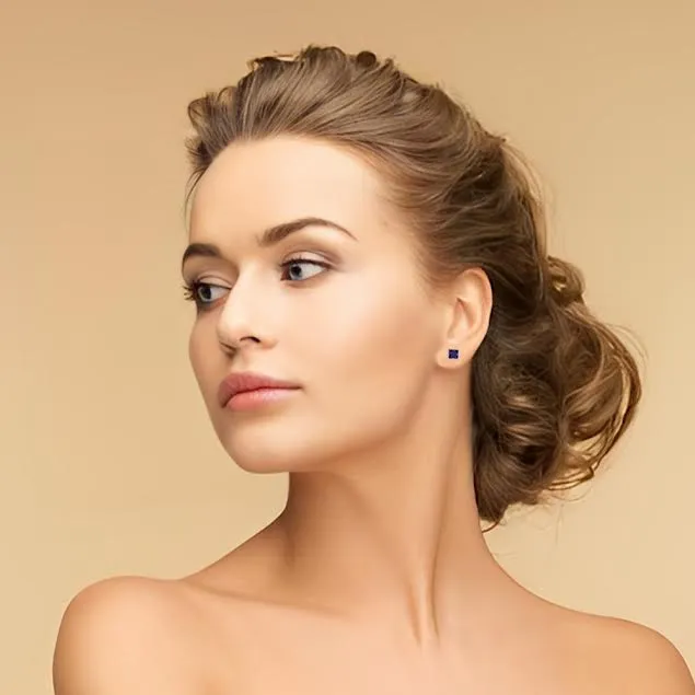 10k White Gold Plated 1 Carat Princess Cut Created Blue Sapphire Stud Earrings