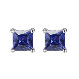 10k White Gold Plated 1 Carat Princess Cut Created Blue Sapphire Stud Earrings