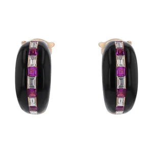 1.24Ct Ruby and 0.90Ct Diamond Black Onyx Huggie Earrings in 18k Rose Gold