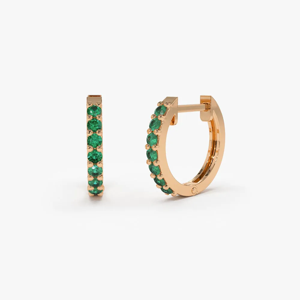 14K Gold Emerald Huggie Hoop Earrings