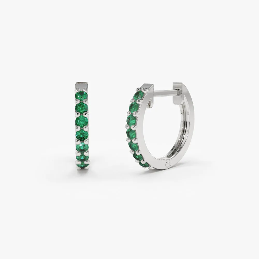 14K Gold Emerald Huggie Hoop Earrings