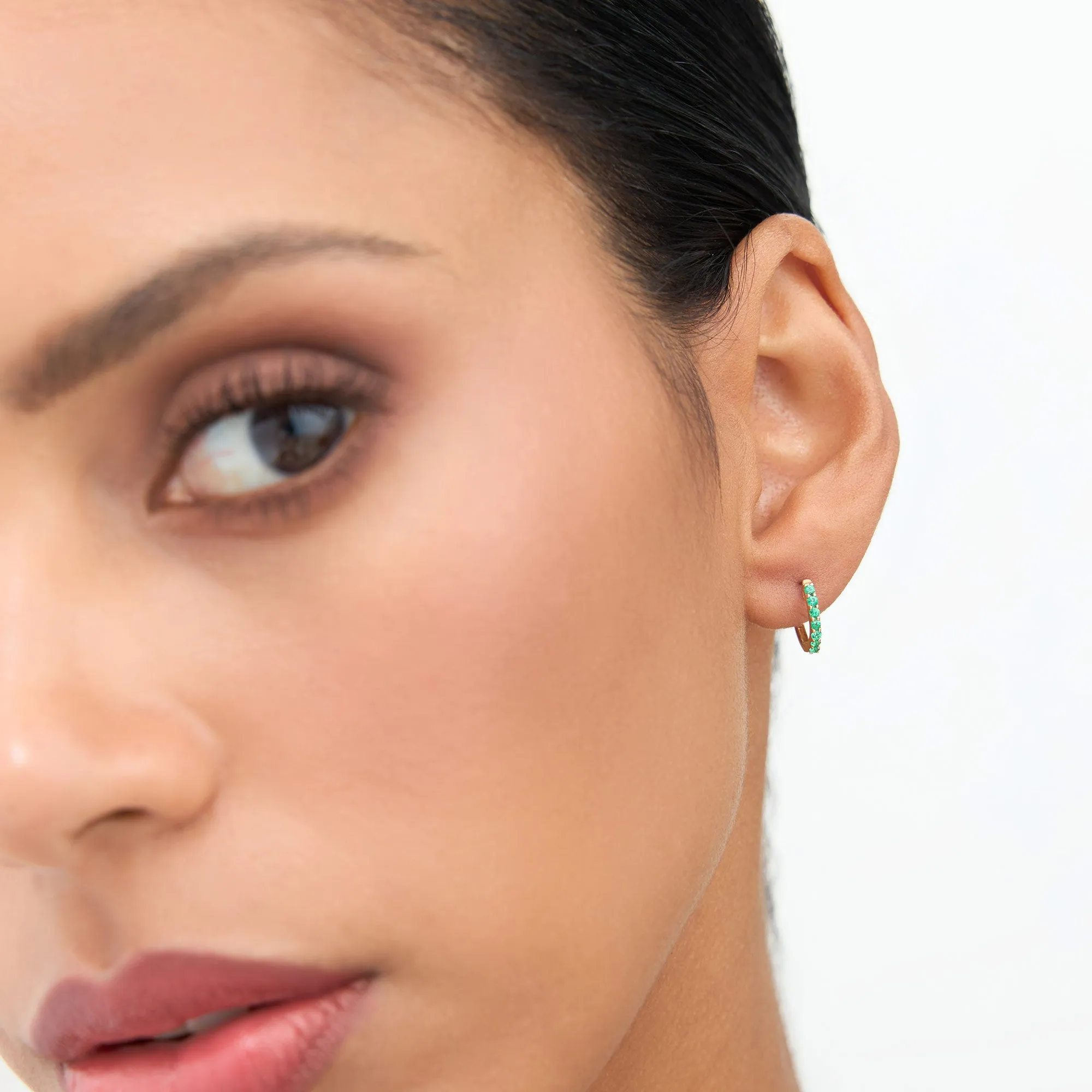 14K Gold Emerald Huggie Hoop Earrings