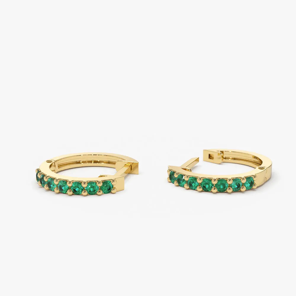 14K Gold Emerald Huggie Hoop Earrings