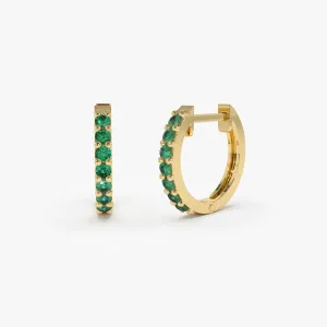 14K Gold Emerald Huggie Hoop Earrings