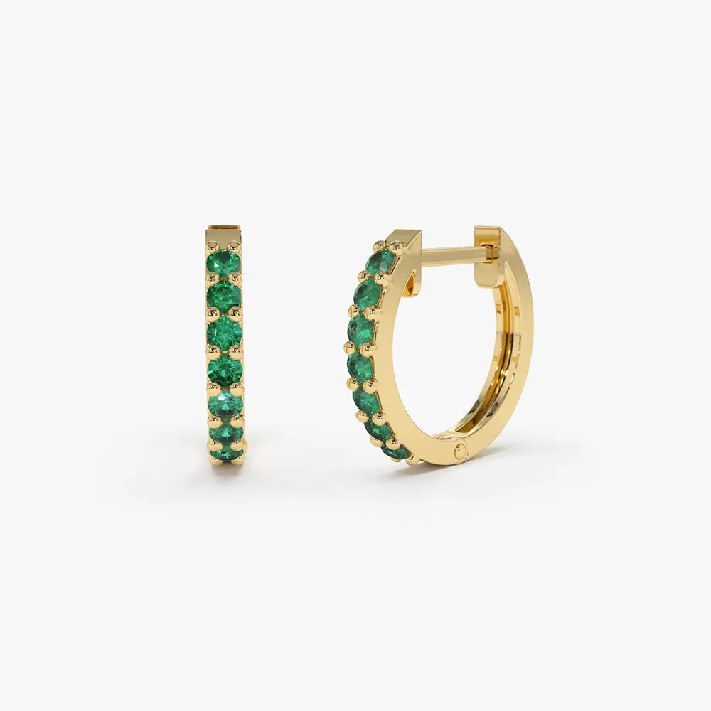 14K Gold Emerald Huggie Hoop Earrings