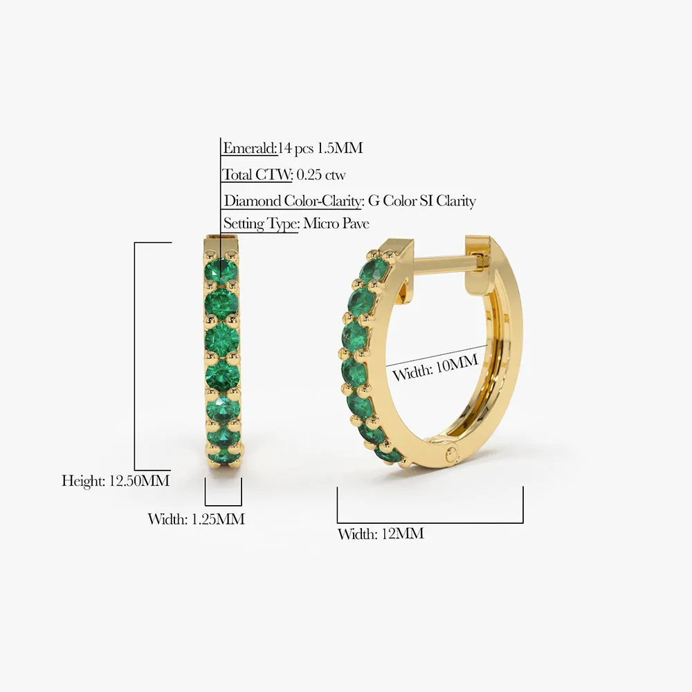 14K Gold Emerald Huggie Hoop Earrings