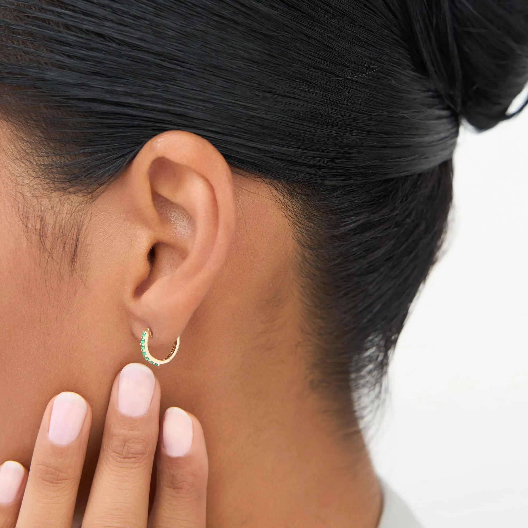 14K Gold Emerald Huggie Hoop Earrings