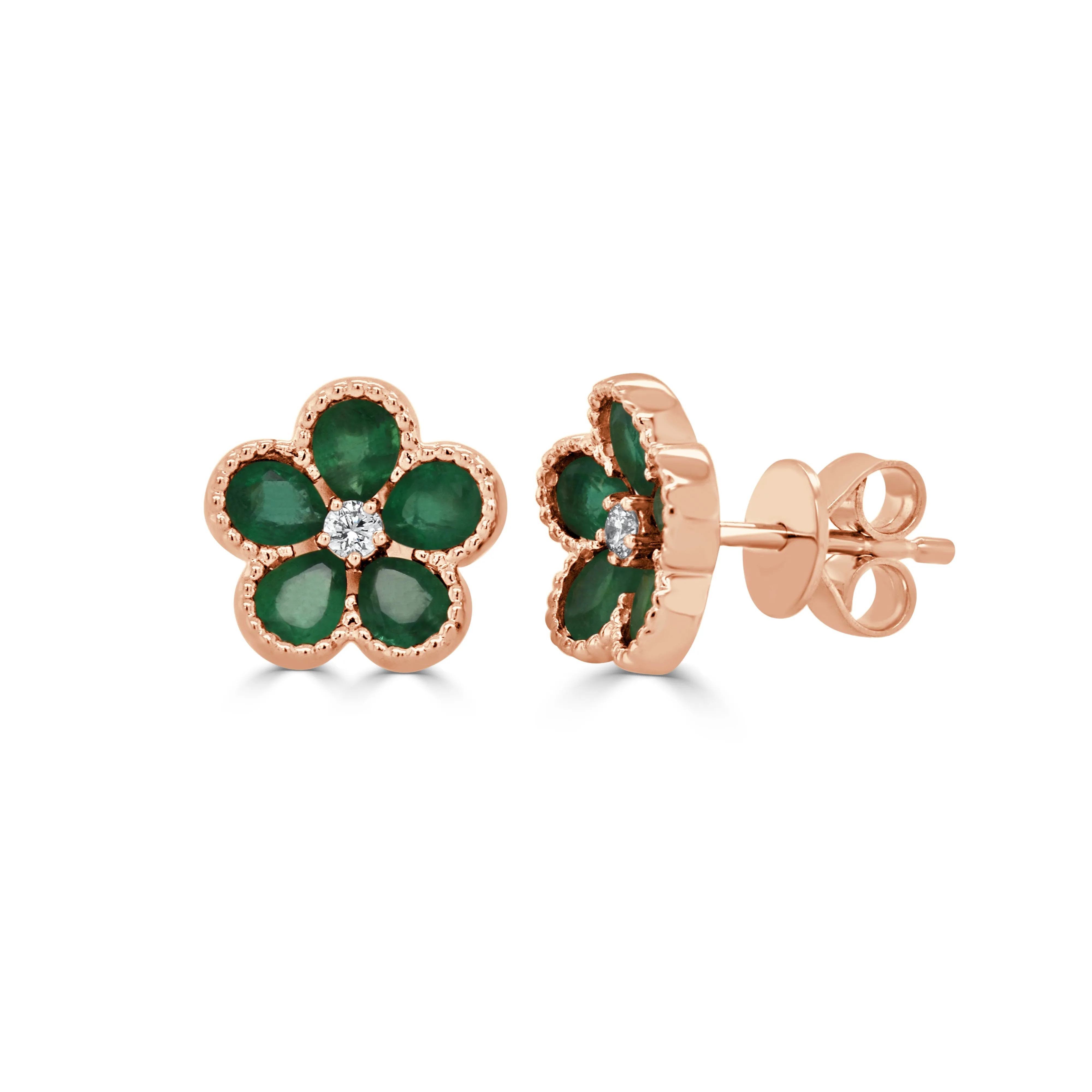 14K Gold Round Diamond & Pear Emerald Flower Earrings