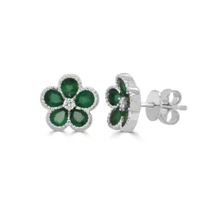 14K Gold Round Diamond & Pear Emerald Flower Earrings