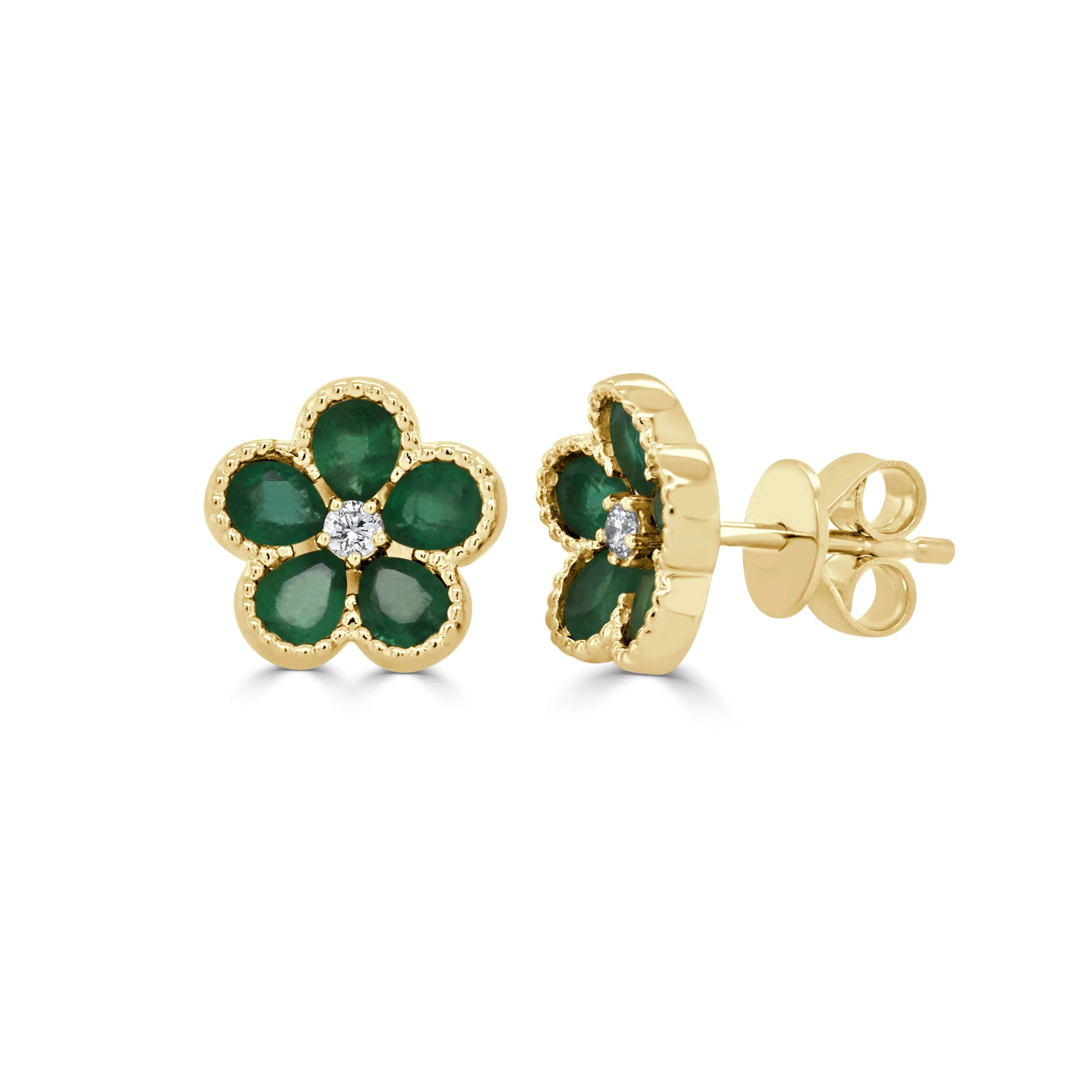 14K Gold Round Diamond & Pear Emerald Flower Earrings