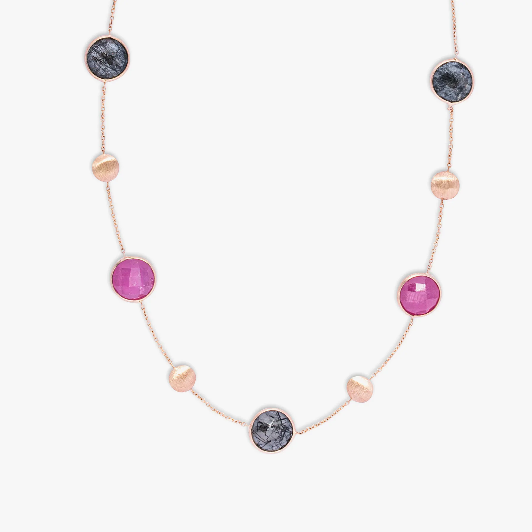 14K satin rose gold Kensington necklace with black rutilated quartz and ruby root