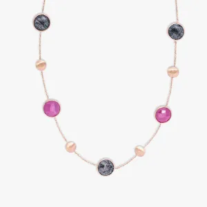 14K satin rose gold Kensington necklace with black rutilated quartz and ruby root
