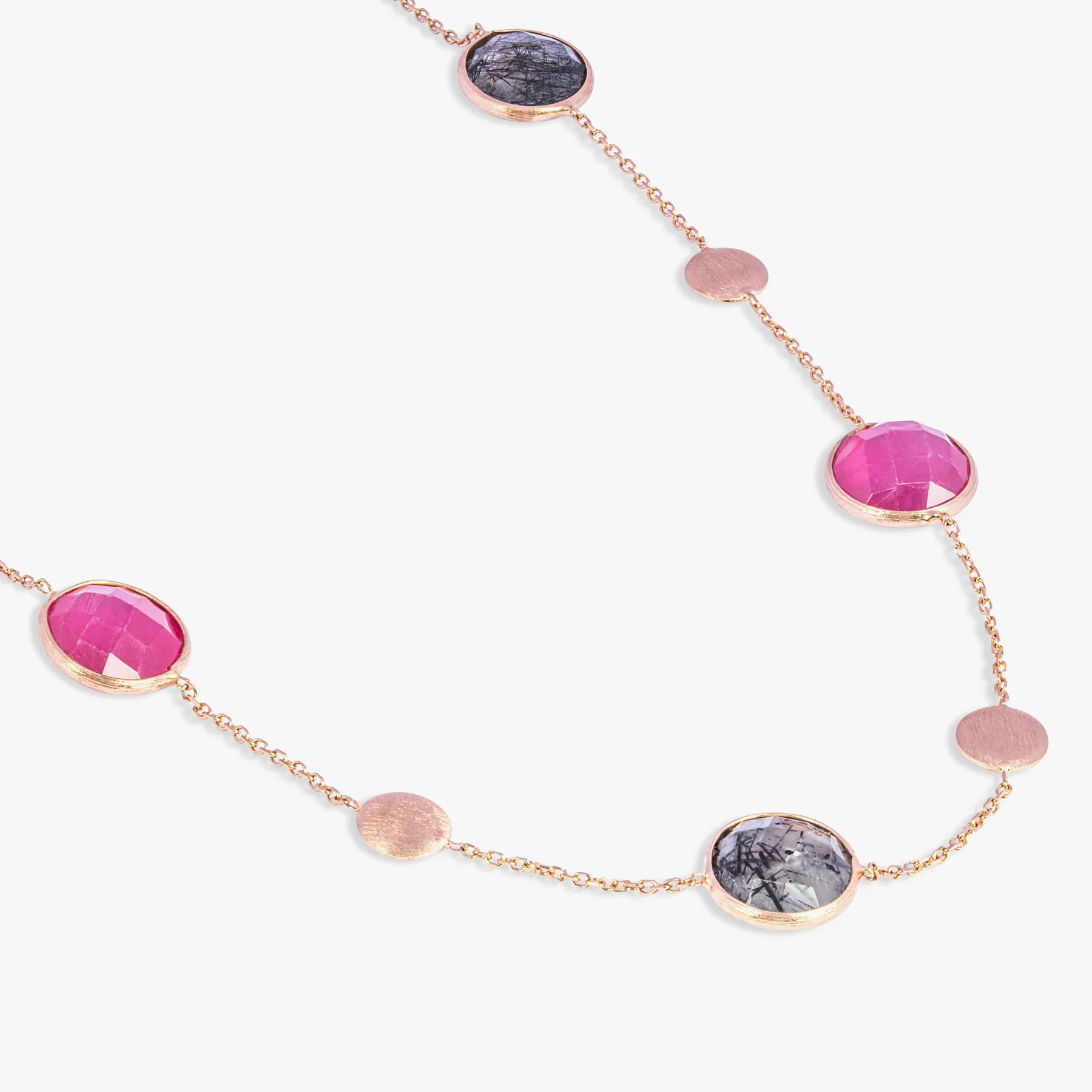 14K satin rose gold Kensington necklace with black rutilated quartz and ruby root