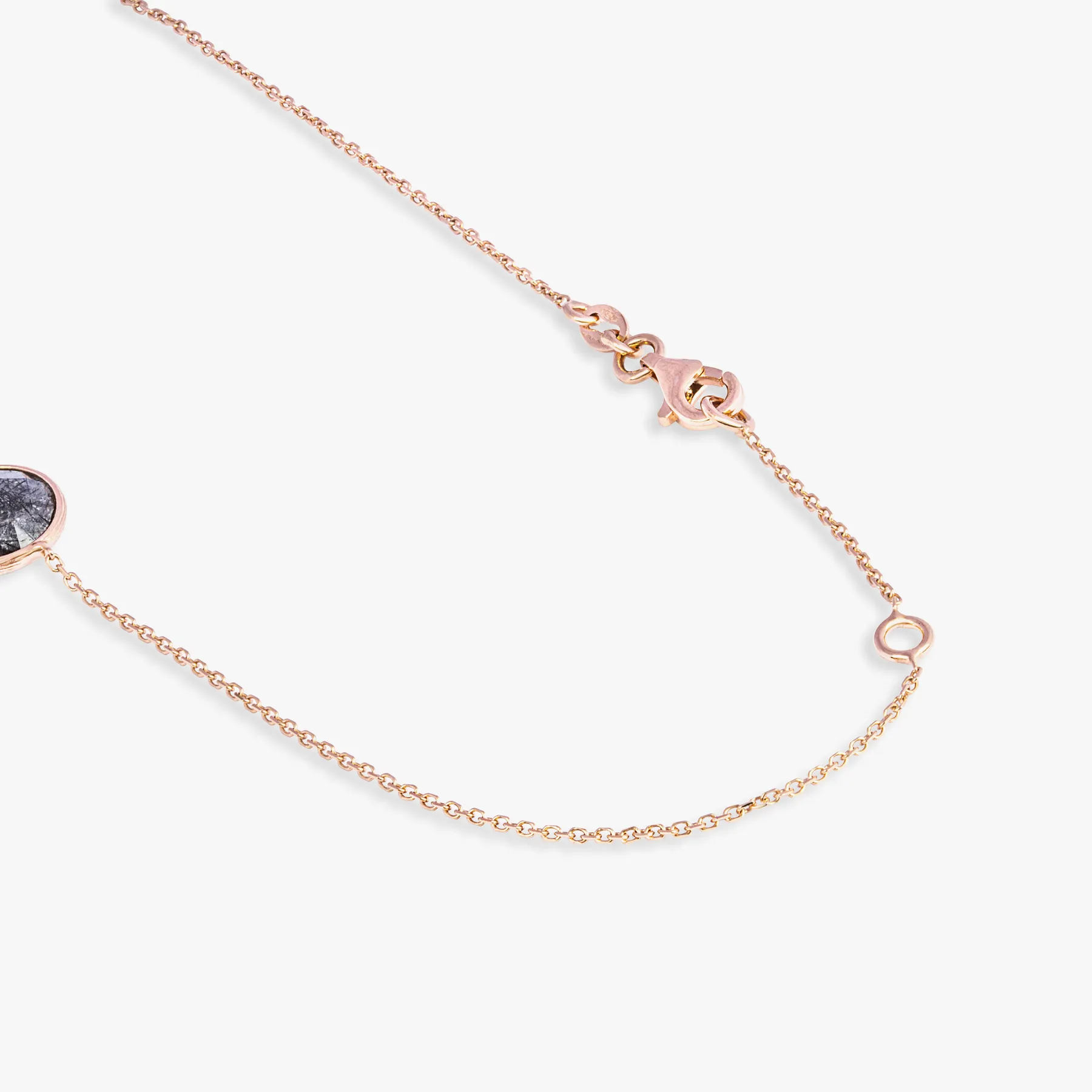 14K satin rose gold Kensington necklace with black rutilated quartz and ruby root