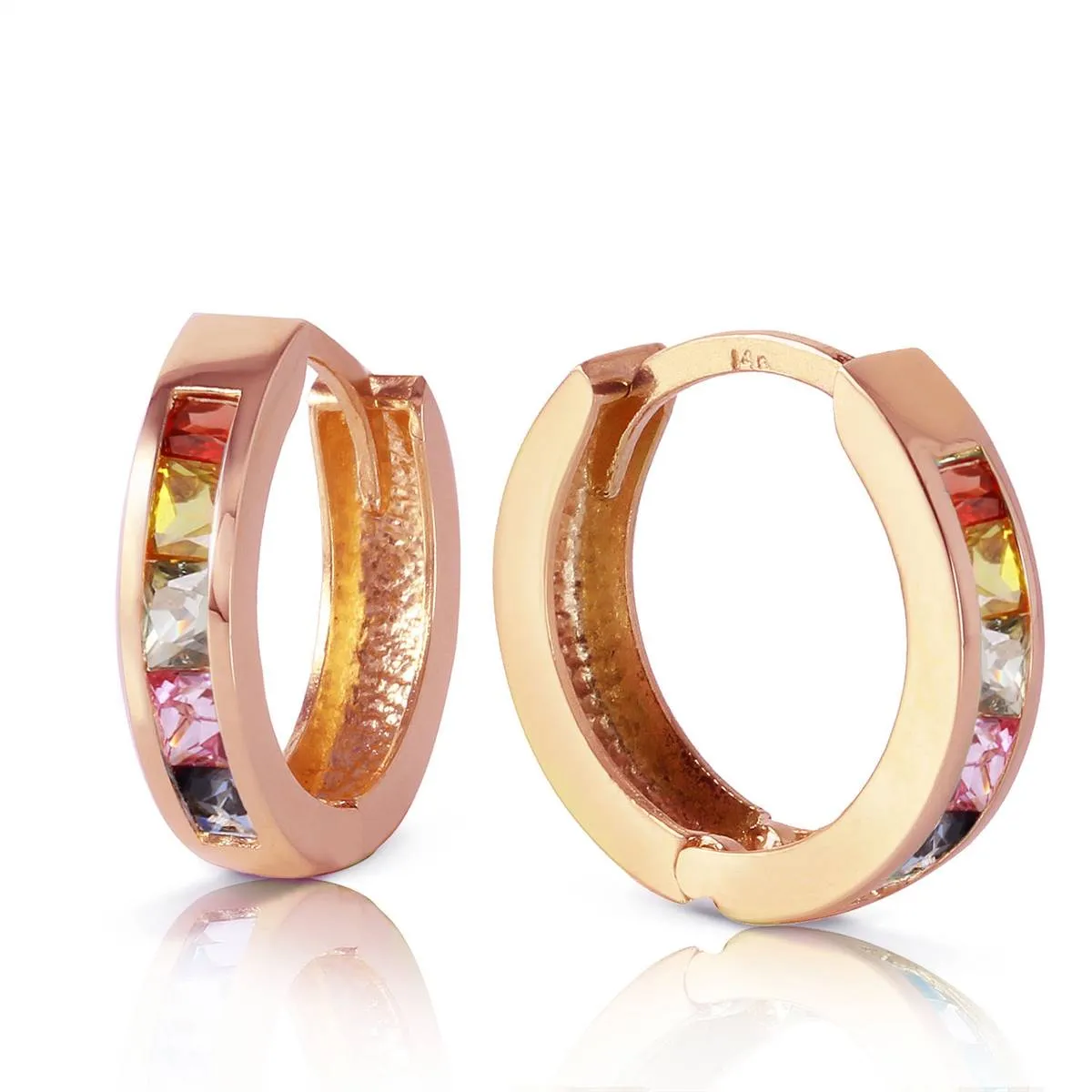 14K Solid Rose Gold Hoop Earrings w/ Multicolor Sapphires