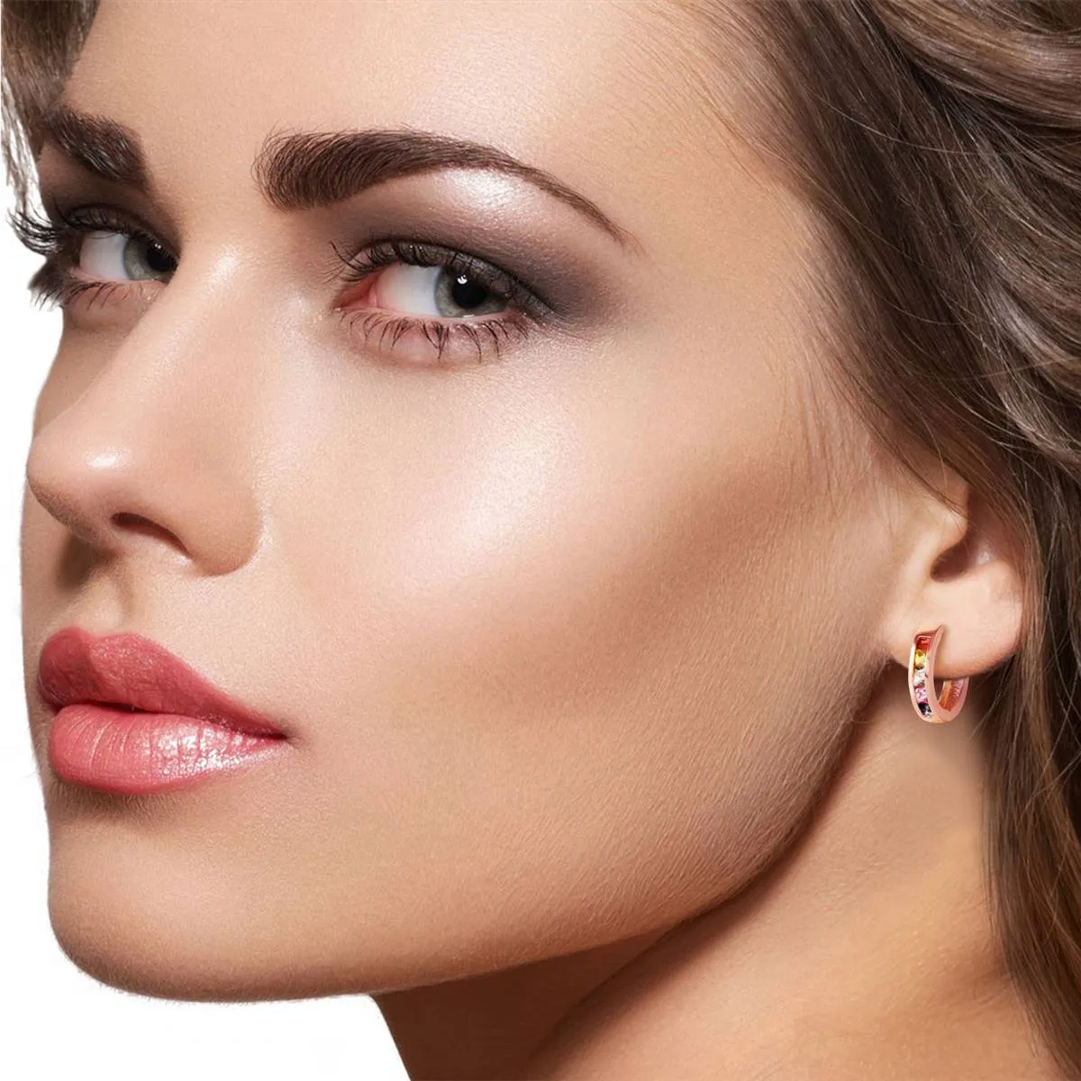 14K Solid Rose Gold Hoop Earrings w/ Multicolor Sapphires
