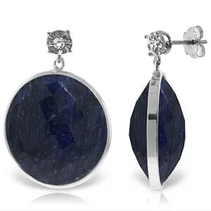14K Solid White Gold Diamonds Stud Earrings w/ Dangling Checkerboard Cut Sapphires