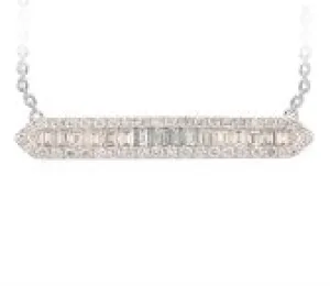 14K White Gold Baguette and Pave Diamond Bar Necklace