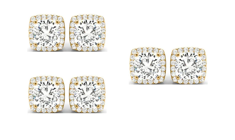 14k Yellow Gold 6mm 1/2Ct Cushion Cut White Sapphire Set Of Three Halo Stud Earrings Plated