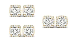 14k Yellow Gold 6mm 1/2Ct Cushion Cut White Sapphire Set Of Three Halo Stud Earrings Plated