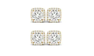 14k Yellow Gold 6mm 1/2Ct Cushion Cut White Sapphire Set Of Two Halo Stud Earrings Plated