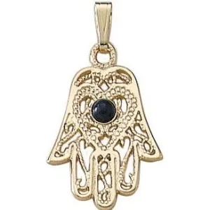 14K Yellow Gold Hamsa Necklace with Genuine Lapis Lazuli (Optional 18'' Gold chain) - Web Price