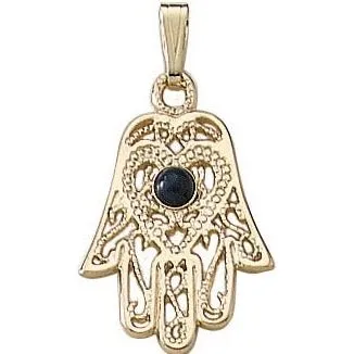 14K Yellow Gold Hamsa Necklace with Genuine Lapis Lazuli (Optional 18'' Gold chain) - Web Price