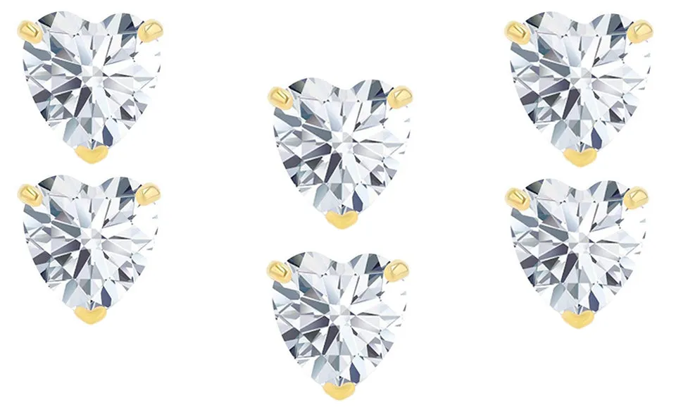 14k Yellow Gold Plated 2Ct Heart White Sapphire Set Of Three Stud Earrings