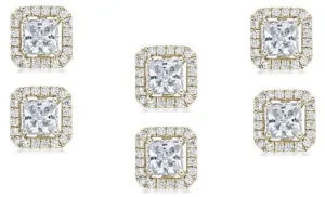 14k Yellow Gold Plated 4mm 3Ct Princess Cut White Sapphire Set of Three Halo Stud Earrings