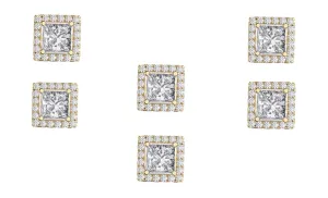 14k Yellow Gold Plated 4mm 3Ct Square Cut White Sapphire Set of Three Halo Stud Earrings
