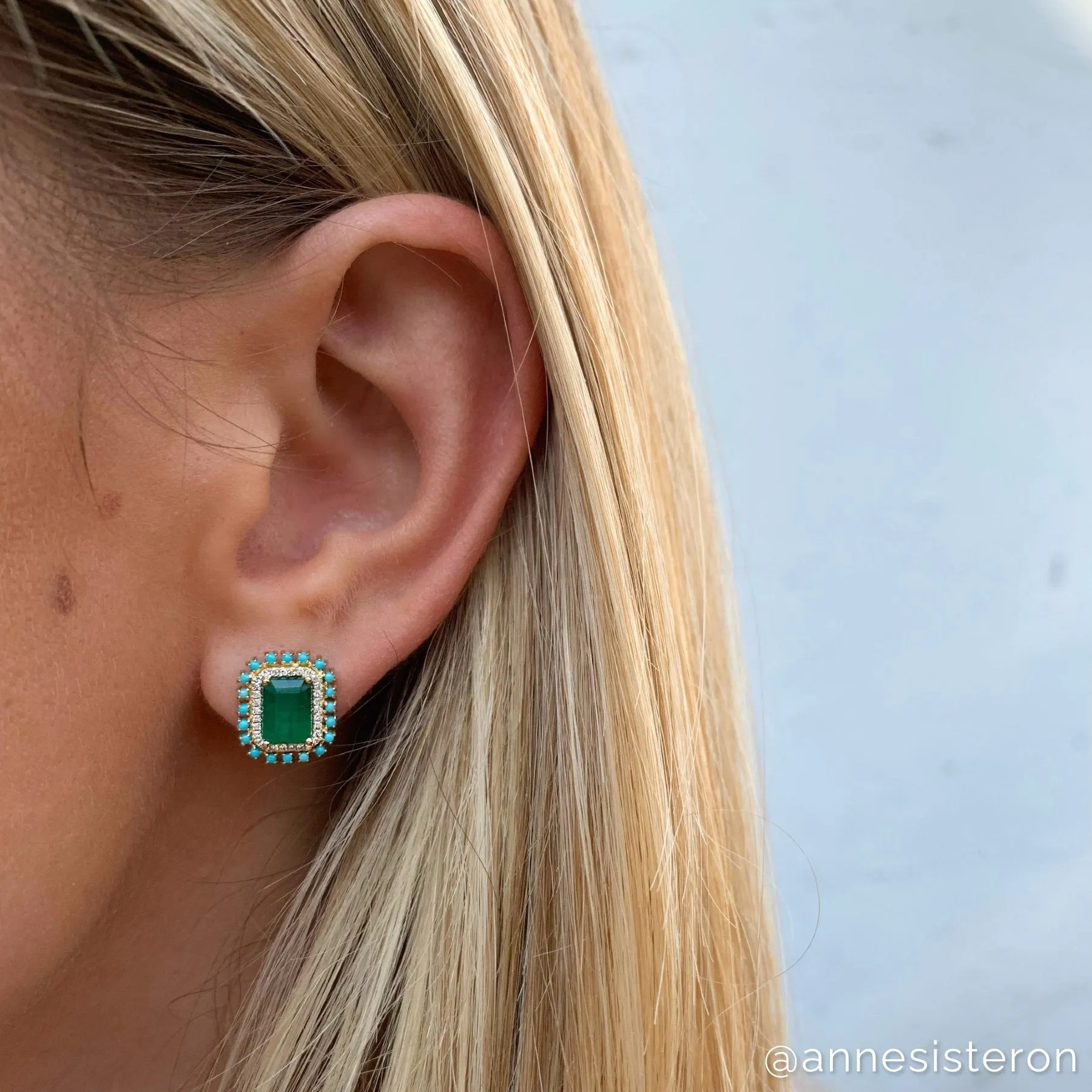 14KT Yellow Gold Emerald Turquoise Diamond Monaco Stud Earrings