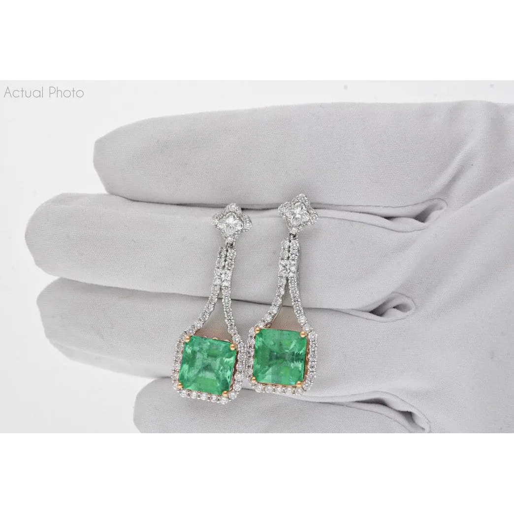 15 Carat Colombian Minor Oil Emerald & Diamond Dangle Earrings in 18K White Gold