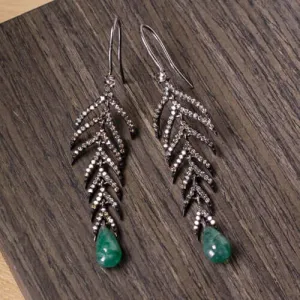 1.5CT NATURAL DIAMOND 4.5CT EMERALD DANGLE EARRINGS BOHO FEATHER LEAF BLACK DROP