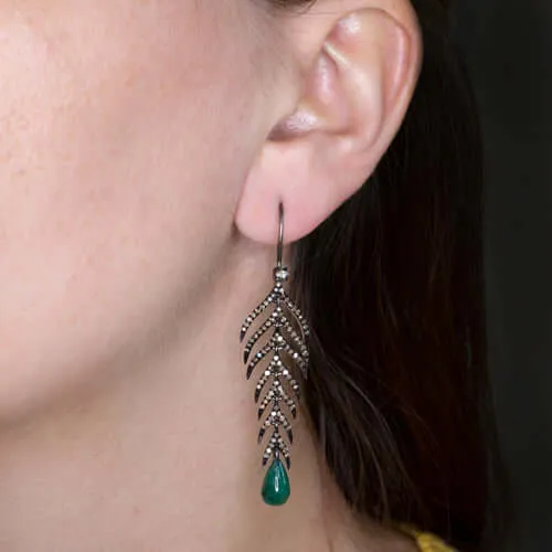 1.5CT NATURAL DIAMOND 4.5CT EMERALD DANGLE EARRINGS BOHO FEATHER LEAF BLACK DROP