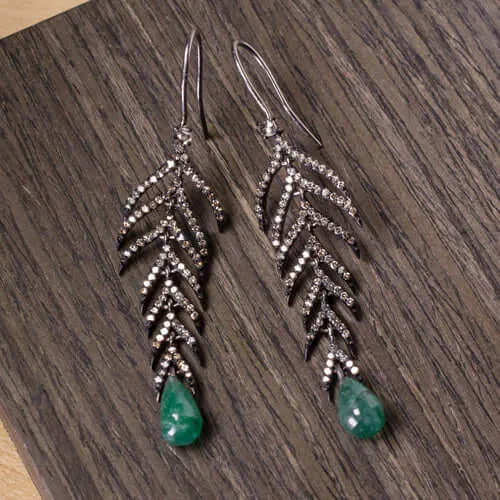 1.5CT NATURAL DIAMOND 4.5CT EMERALD DANGLE EARRINGS BOHO FEATHER LEAF BLACK DROP