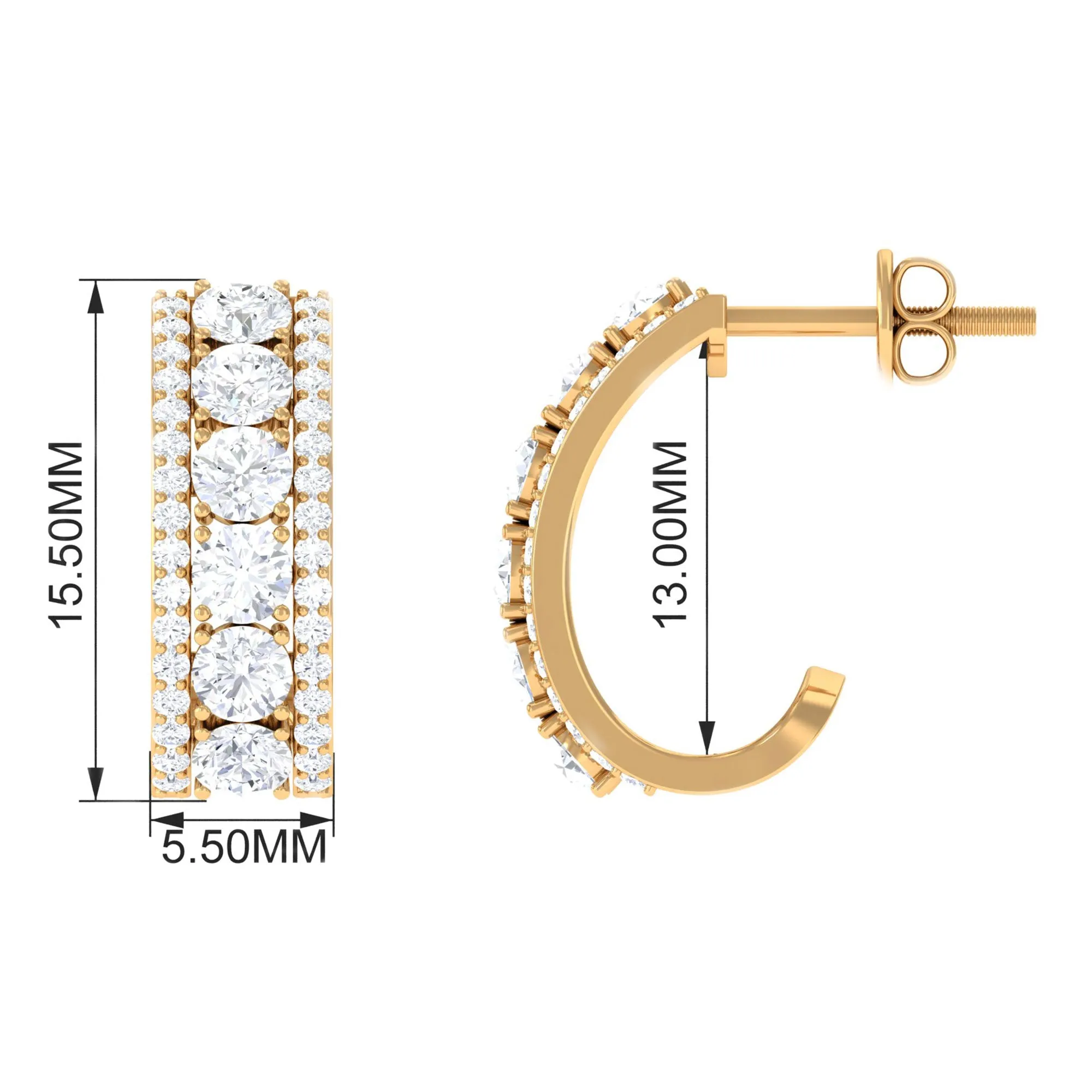 1.75 CT Prong Set Cubic Zirconia J Hoop Earrings in Gold
