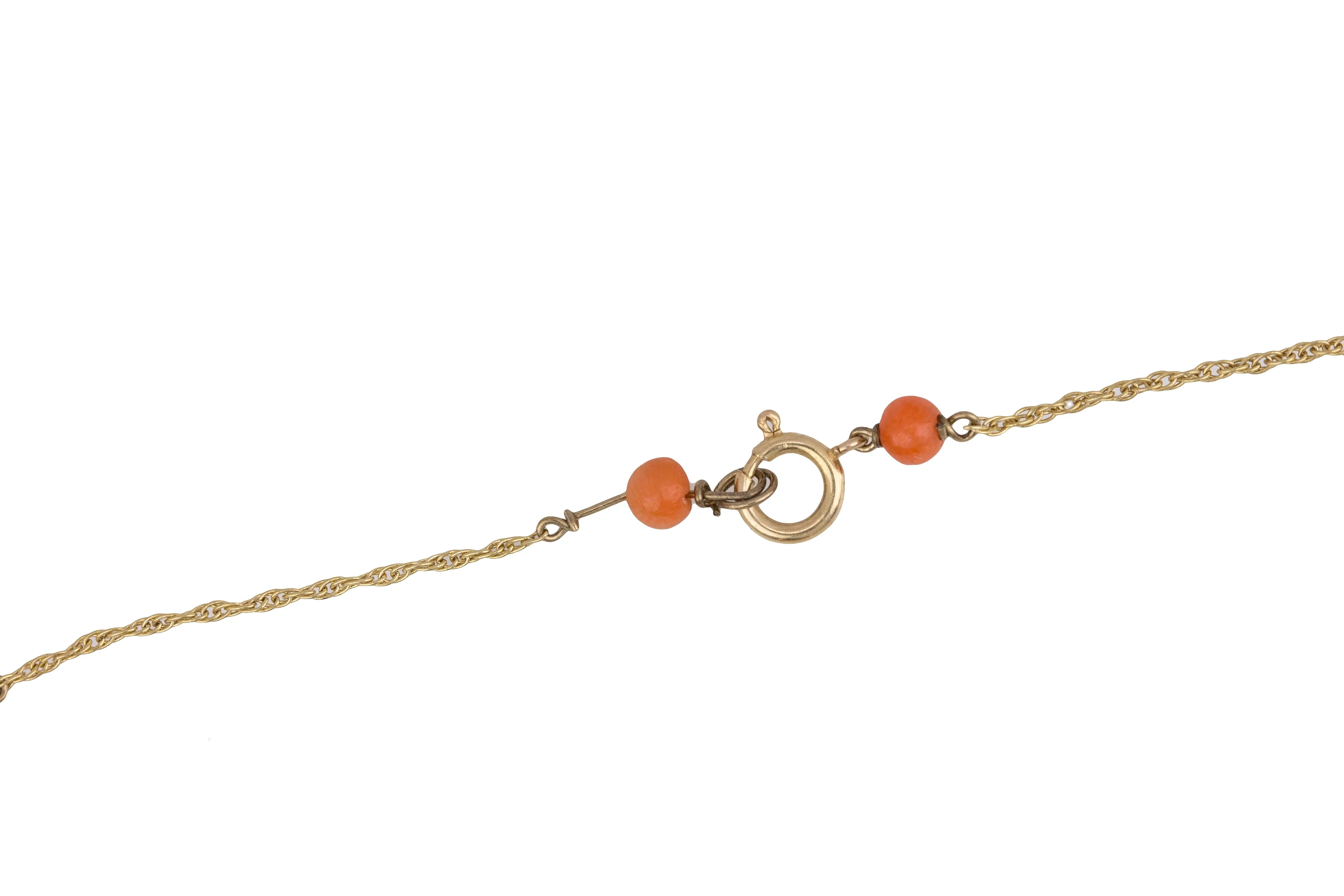 1880's Antique Victorian 14K Yellow Gold Coral Carved Dangle Pendant Necklace