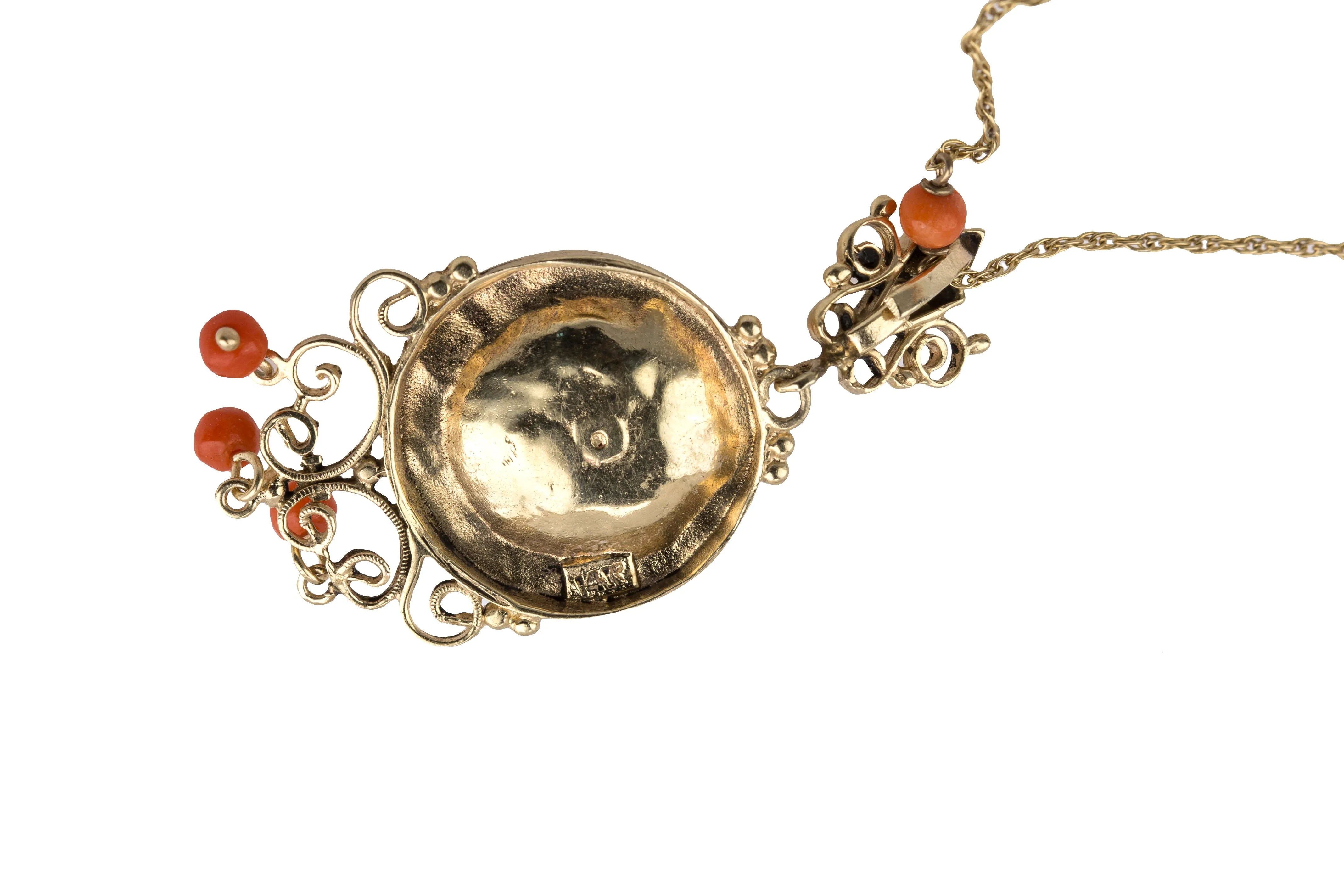 1880's Antique Victorian 14K Yellow Gold Coral Carved Dangle Pendant Necklace