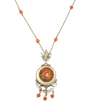 1880's Antique Victorian 14K Yellow Gold Coral Carved Dangle Pendant Necklace