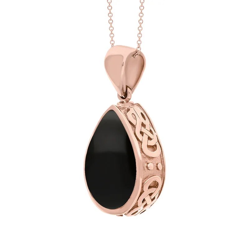 18ct Rose Gold Whitby Jet Lapis Lazuli Double Sided Celtic Pear Cut Fob Necklace