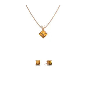 18K Rose Gold 2ct Citrine Square 18 Inch Necklace and Earrings Set Plated