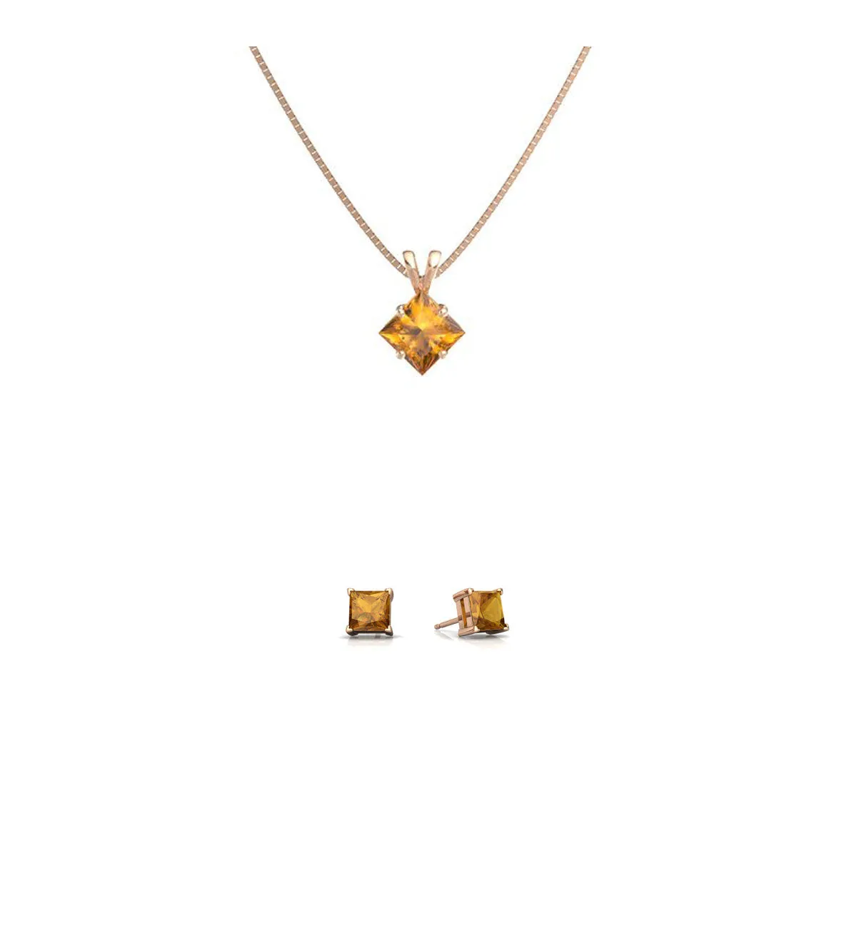 18K Rose Gold 2ct Citrine Square 18 Inch Necklace and Earrings Set Plated