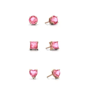 18k Rose Gold Plated 6mm Created Pink Sapphire 3 Pair Round, Square and Heart Stud Earrings
