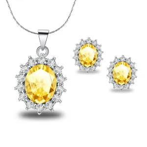 18K White Gold Created Citrine Round 2 Carat Oval Necklace Plated 18 inch