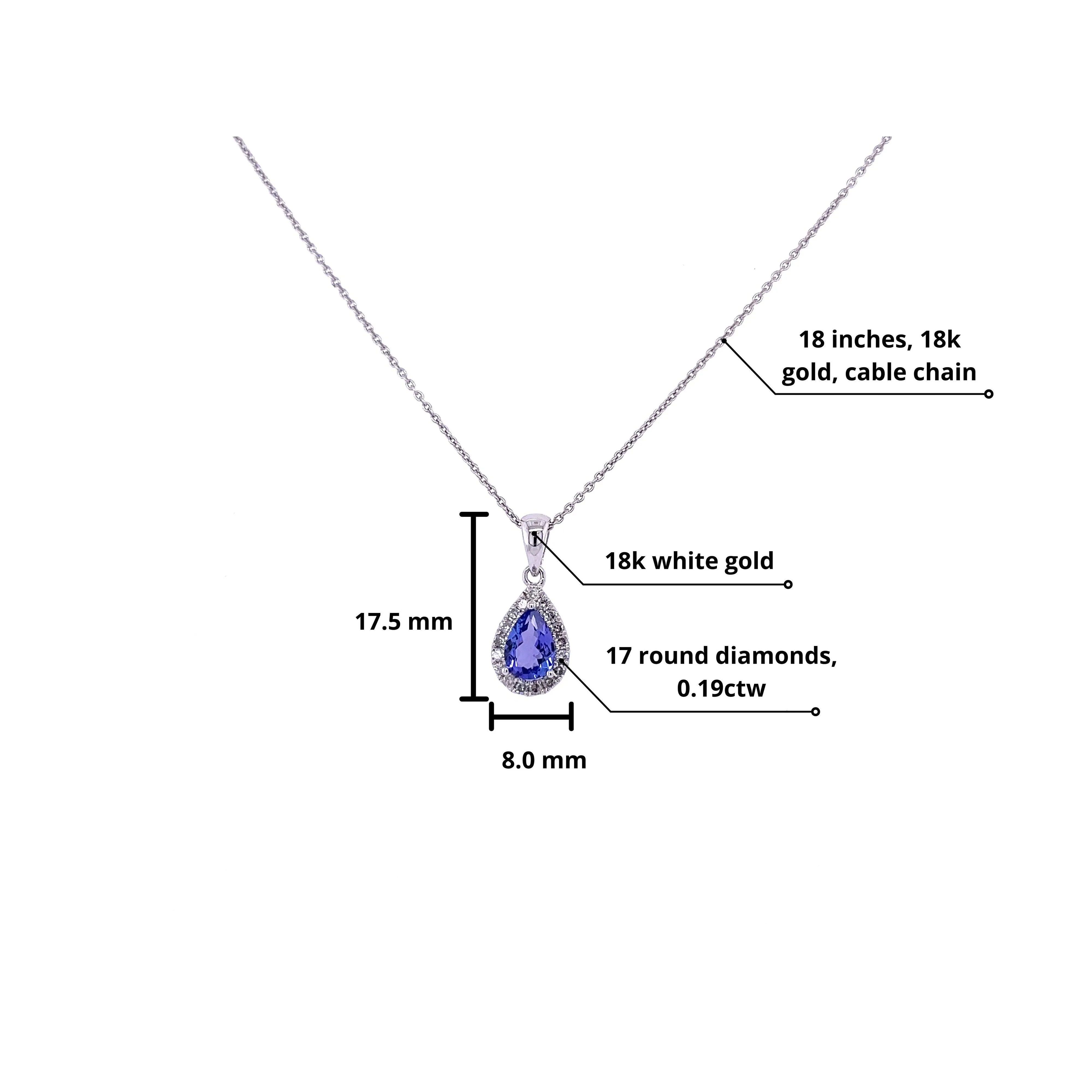 18K White Gold Tanzanite Drop Pendant With Diamond Halo