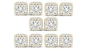 18k Yellow Gold 1Ct Cushion Cut White Sapphire Set Of Five Halo Stud Earrings Plated