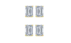 18k Yellow Gold 2Ct Emerald Cut White Sapphire Set Of Two Stud Earrings Plated