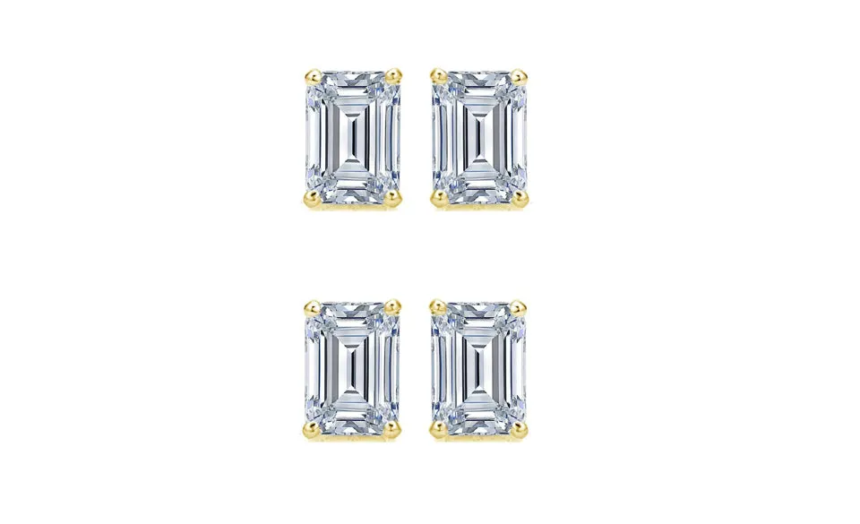 18k Yellow Gold 4mm 2Ct Emerald Cut White Sapphire Set Of Two Stud Earrings Plated