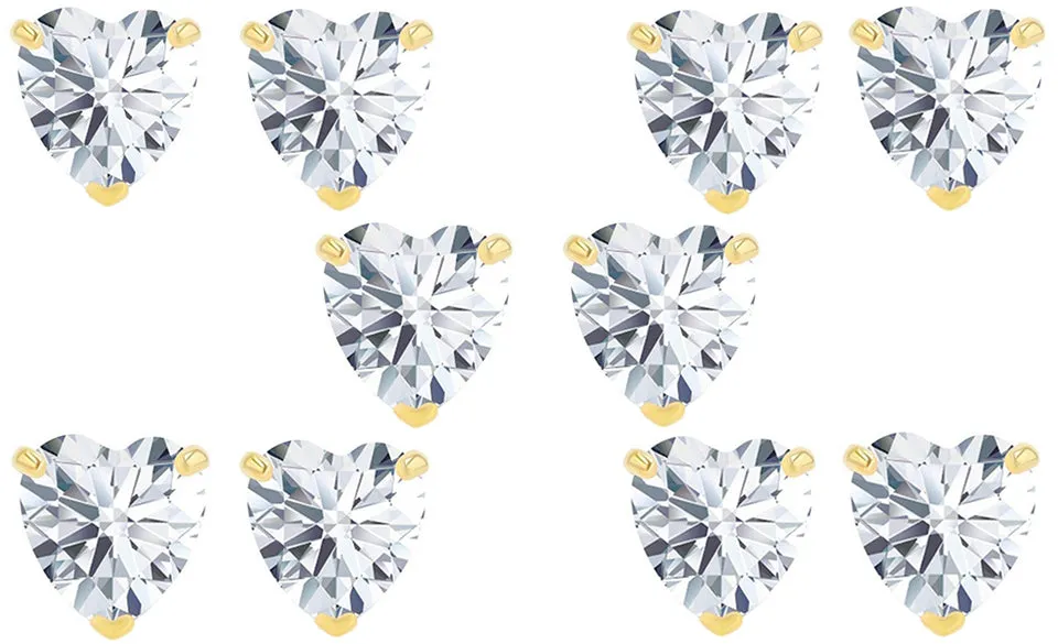 18k Yellow Gold Plated 1Ct Heart White Sapphire Set Of Five Stud Earrings