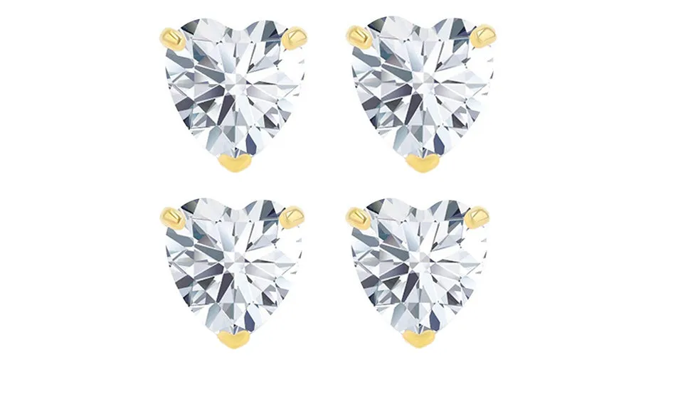 18k Yellow Gold Plated 1Ct Heart White Sapphire Set Of Two Stud Earrings